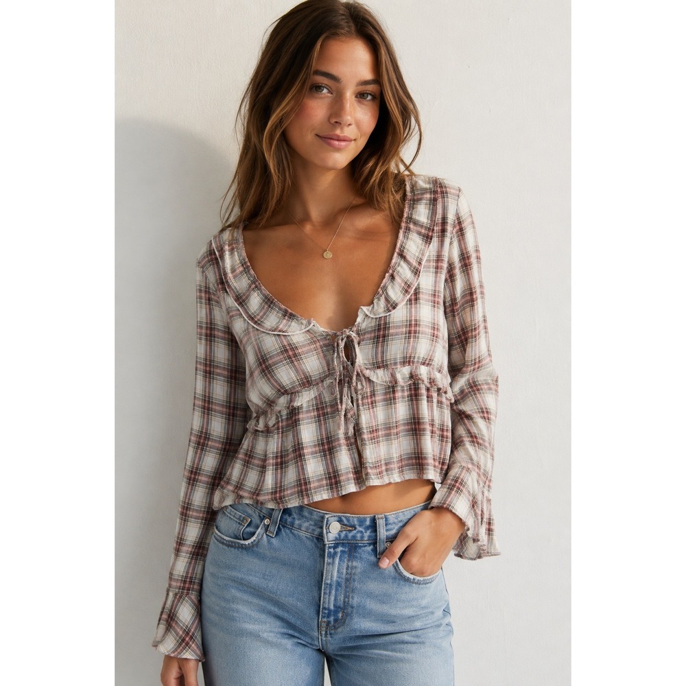 American Eagle Plaid‎ Ruffle Tie Front Crop Top Medium Cottagecore Boho